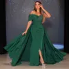 Dark Green Off the Shoulder Evening Dresses Mermaid Side Split Evening Gown with Detachable Train Beading Pleat Womens Special Occasion Dress
