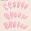 False unhas 24pcs decoração francesa de arco unhas falsas design de shinestone pérola pontas de unhas falsas para garotas femininas amêndoa presa em unhas patch des vestuário y240419 y240419