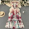 Summer Sweet Ethnic Style Retro Deep V Neck Wooden Ear Sleeveless Printed Dress Womens Cake Fairy Long