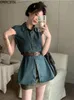 여성용 탱크 Onalippa Jean Shirts Women Wate Belt Single Breasted Sleeveless 중간 조끼 한국의 회전 칼라 느슨한 탱크 탑