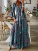 Casual Dresses Bohemian Beach Women Maxi Dress Spring Summer V-ringen Långärmad Kvinna Vintage Floral Print Robe Vestido