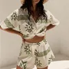 Hirigin Boho Vintage Women Casual 2 Piece Outfits Fashion Printed Short Sleeve Button Up Tops Shorts Set Beachwear 240418