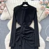 Casual Dresses Sexy O-neck Knit Dress Chic Folds Print Slit Vintage Fashion Party Sundress Women Elegant Slim Wrap Pencil