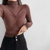 女性用Tシャツ2024秋の長袖セータートップファッションスリムフィットスキニーハーフハイカラーインナーマッチボトムシャツ