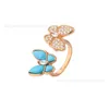 Hoogwaardige ontwerper Vancleff S925 Pure Silver Butterfly Ring met witte fritillaria dubbele volledige diamanten ring en blauw turquoise mode precisie editie