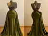 Vestidos de noite longa de luxo 2021 Mermais de pescoço alto Dubai Mulheres Olive Green Cetin Formal Prom GOWNS7572585