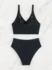 Summer Women V Neck Black Bikini Set High Taist Stracts Swimswear pour dossis 2 pièces de maillot de bain de plage de 2 pièces 240412