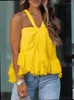 Women's T Shirts S Plain Halter Ruffles Hem Sleeveless Yellow Tanks Camis Top