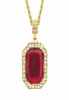 Hip Hop Bling Out Cubic Zirconia Red Stone Square Pendant Necklaces for Men Jewelry With 30inches Gold Chain5491110