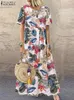 Zanzea Bohemian Holiday Sundress Summer Women Vintage Floral Print Print Play Plass Lose Long Vestido Rope Femme 240410