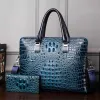 Luggage Genuine leather crocodile print briefcase men's Handbag One Shoulder bag double zipper suitcase head layer cowhide computer bag