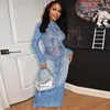 Cutenova Kobiety z długim rękawem Fake Jean 3D Printed Bodycon midi maxi sukienka 2023 Seksowne klubowe sukienki imprezowe Vestidos 240419