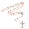 Pendant Necklaces Bridal Wedding Rosary Necklace Pink Imitation Pearl Cross Catholic Virgin Mary Commemorative Neck Chain