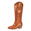 Laarzen Onlymaker Brown Western Cowgirl Punted Toe brede kalfblok Hiel zijde ritssluiting knie hoog