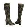 Boots Army Green Color Camouflage Camo Pattern Cool Women Botas Block High Heels Shoes With Pocket Zip Up Knee-high Western Ride