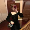 Casual Dresses Velvet Dress Women Square-neck Collar Wine Red High-quality Loose Female 2024 Autumn Fashion Long Sleeves Skirt