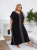 Black Women's Embroidered Kaftan Robe Homewear Short Sleeved V-neck Classy Caftan Swimsuit Cover-up Light Jacket Q1637