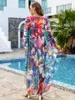 Kleurrijk strand bedekt voor vrouwen plus maat kaftan badpak lange chiffon flowy losse maxi jurk badmode tuniek Q1559