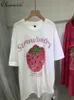 T-shirts pour femmes t-shirts de forage lourd européen mignon fraise lâche rond cou de long mi-long manches courte tshirts de dames d'été