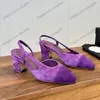 24SS Women Slingbacks sukienka Buty Chunky Obcasy Sandały Projektant Slip na lśnionym tiulu aksamitne buty rozrywki różowe fioletowe złotą srebrną brzoskwiniową brzoskwinie buty ślubne na świeżym powietrzu