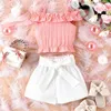 Vêtements Ensembles d'été pour enfants, bébé fille tenues mignonnes à épaule volante rose rose shorts ensembles de vêtements décontractés