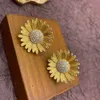 Qingdao Medieval Vintage Copper Plated True Gold Light Luxury Simple Full Diamond Inlaid with High Grade Sunflower Earrings and 3hkr