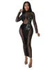 Sukienki swobodne kobiety Turtleeck Cearów MESH Patchwork Dress Sexy See Through Bodycon 2024