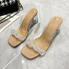 Slippers 2024 Summer Online Red Transparent Sandals With Beading Women High-heeled Crystal Square Head Sexy Women's Shoes