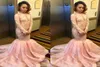 Nouvelles robes de bal de sirène rose sexy à manches longues robes de soirée en dentelle plus taille haut de cou organe