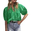 Women's Blouses Women Summer Blouse Casual V-neck Lantern Short Sleeve Shirt Solid Color Hollow Flower Pattern Pullover Tops Streetwear