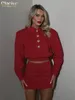 Clacive Fashion Slim Red 2 Piece Sets Women Outfit Elegant Long Sleeve Crop Top With High Waist Mini Skirts Set Female 240412