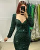 Mörkgröna paljetter Muslimska aftonklänningar Eleganta långa ärmar sjöjungfru Turkish Kaftan klänning Ben kropps speciella tillfälle Formella klänningar för kvinnor