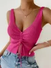 Summer Women Drawstring Front Ribbed Knit Topps Femme Sexig V Neck ärmlösa Crop Top Clothes High Stretch Split Croped Tank 240419