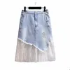 Plus size jurken 150 kg dames lente zomer mesh paneel a-line denim rok blauwe heup 154cm 5xl 6xl 7xl 8xl 9xl c1we drop levering apparaat dhq4jjj