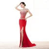 Party Dresses Real Po Red Evening Mermaid Cap Sleeves Chiffon Beaded Slit Backless Long Dubai Arabic Prom Dress Gown