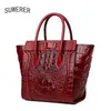 Drawstring SUWERER 2024 Women Genuine Leather Bag Fashion Crocodile Pattern Cowhide Woemn Luxury Handbags