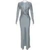 Sukienki zwykłe Aligaia 2024 Fall Winter Women O-Neck Long Rleeve High Tail Cross Folds Sukienka Elegancka szary bodycon imprezowy wieczór