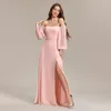 Festklänningar Kvinnor Stripless Pink Long Sleeved Bridesmaid Chiffon Free Wear Square Neck Glows Elegant Dress for Wedding