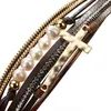 Charm Bracelets ALLYES Bohemian Pearl Beads Cross Leather Bracelet For Women Men Rhinestone Chain Jewelry Multilayer Wrap & Bangles