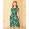 21Kids Girl Maxi Dress Floral Floral Short Sleeve Dresses مع جيوب للفتيات من 6 إلى 14 عامًا