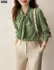 Damesblouses groen 2024 vrouwen herfst lange mouw elegante kantoor dame werk button shirt casual veter stropdas tops en