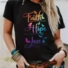 여자 티셔츠 플러스 사이즈 캐주얼 티셔츠 여성 플러스 나비 슬로건 프린트 짧은 슬브 목에 작은 스트레치 티셔츠 Y240420