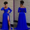 Casual Dresses Blue A-Line Party Evening Dress Woman Elegant High midja lång ärm Big Swing Prom Gown Formal Night Club Split Maxi