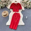 Robes de travail Neploe vintage Elegant O Neck Diamond Puff Sleeve Tops Femmes Y2k High Waist BodyCon Jirts 2024 Spring Two Piece Sett