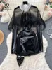 Singreiny Porno Halfter Leder -Kleid Sets Frauen hohl aus Mesh Split Shath Dressshorte Gaze Schal Mode Sexy Eroitc Anzüge 240419