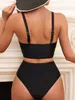 Summer Women V Neck Black Bikini Set High Taist Stracts Swimswear pour dossis 2 pièces de maillot de bain de plage de 2 pièces 240412