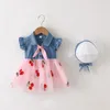 Flickaklänningar sommar baby klänning denim småbarn kläder set boll klänning tutu med halm hatt tyll prinsessa chidlren barn kläder