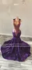 Purple O Neck Long Prom Dress for Black Girls 2024 Pärled Crystal Birthday Party Dresses Sequined aftonklänningar Glänskanten de Bal