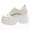 Casual Shoes Women Genuine Leather White Chunky Sneakers 11CM Platform Wedge Hidden Heel Height High Top Vulcanized