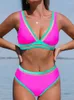 Kvinnors badkläder Hög midja Tvåbit Bikini Set Kontrast Färgblock Mesh Splicing Swimsuit Hollow Out 2024 Beach Bathing Suit